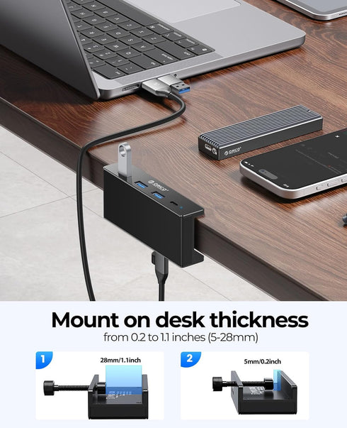 ORICO USB Hub 3.0, Clamp USB Hub with Extra Power Supply Port, 4-Port USB Adapter for Monitors, Desks