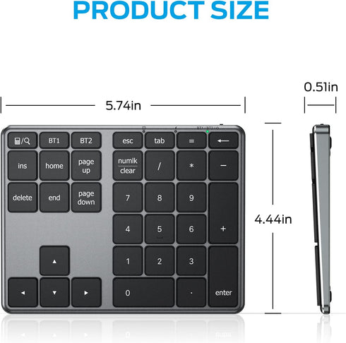 iClever Number Pad, Aluminum Wireless Number Pad for Multi Devices, USB-C Rechargeable, Compatible with Laptop, Mac, PC