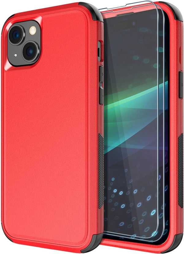 Diverbox Heavy Duty iPhone 15 Case (Red) - Shockproof, Dropproof, with Tempered Glass Screen Protector, 6.1 inch.