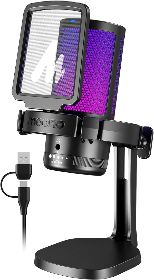 MAONO Gaming Microphone USB for PC, RGB Lights, Noise Cancellation Condenser Mic, Mute, Gain for Streaming, Recording,