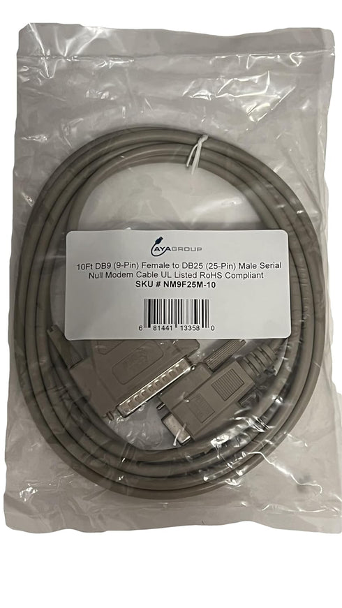 AYA DB9 (9-Pin) Female to DB25 (25-Pin) Male Serial Null Modem Cable (10 Ft)