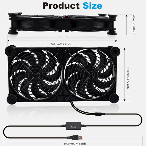 120mm 3-Degree 5V Quiet Dual Router Fan Cooler with L/M/H Speed Controller, DC USB Powered Cooling Case Fan for Router