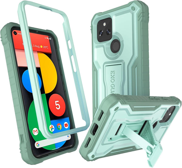 ExoGuard Google Pixel 5 Case, Rubber Shockproof Full-Body Cover with Built-in Screen Protector and Kickstand (Green)