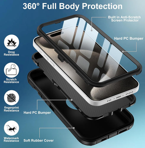 iPhone 15 Pro Max Case - Heavy Duty, Full Body Rugged, Built-in Screen Protector, Shockproof & Dustproof (Black)