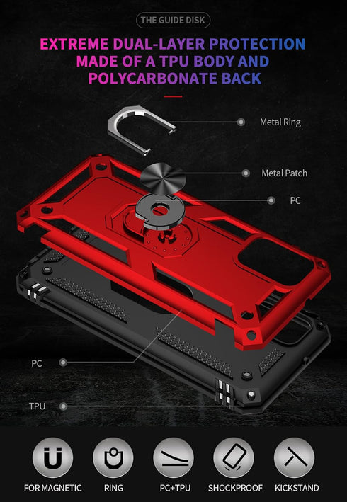 Samsung Galaxy A03S Case, Red - Military Grade 16ft Drop Tested, HD Screen Protector, Magnetic Ring Holder, Kickstand.