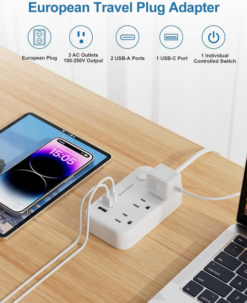 European Travel Plug Adapter, US to Europe Plug Adapter with 3 AC Outlets and 3 USB, Type E/F