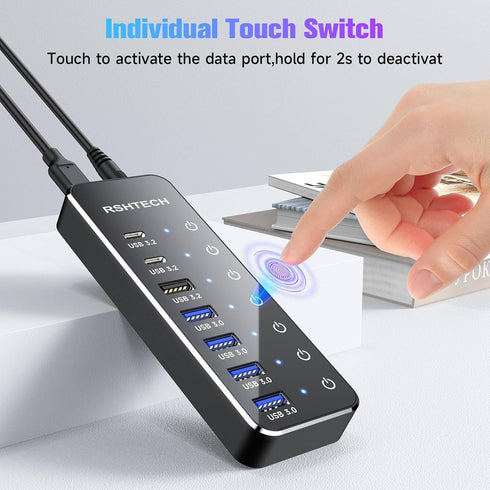 RSHTECH 7-Port Powered USB 3.2 Hub with 10Gbps USB-A 3.2, 2 USB-C 3.2, 4 USB 3.0 Ports, 3.3ft Cable