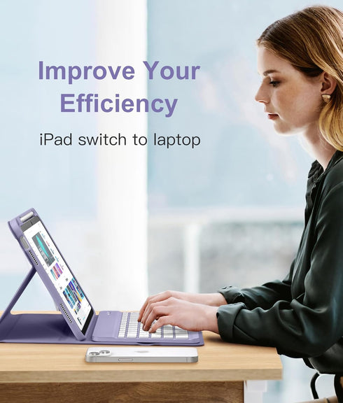 Hamile for iPad 10th Generation Case with Wireless Keyboard, 7 Colors Backlit Detachable Folio Cover - Lavender