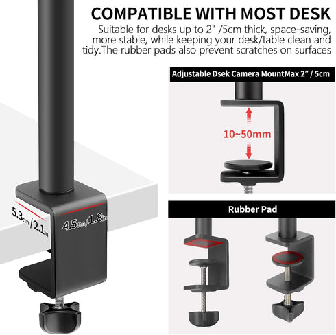 JEBUTU 1/4" Camera Desk Mount Table Stand with Ball Head, Adjustable Light Stand with Screw & C Clamp for DSLR Camera