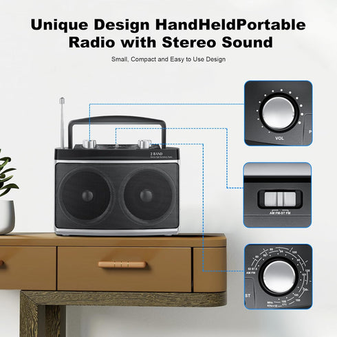 Portable AM FM Radio with Best Reception, Bluetooth Transistor Radio, Wall or Battery Powered, Small Radio for Home,