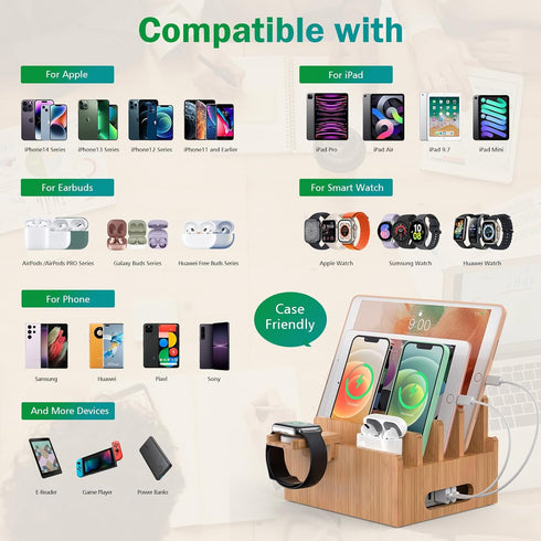 Pezin & Hulin Cell Phone Charging Stations, Bamboo Dock Organizer for Multi Devices, Tablets, Smart Watch, with Pack of