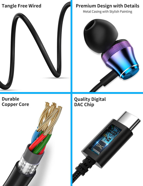 USB C Headphone Wired Earphone for iPhone 15 Pro Max, Samsung Galaxy S24 S23, Noise Canceling HiFi Stereo Type C