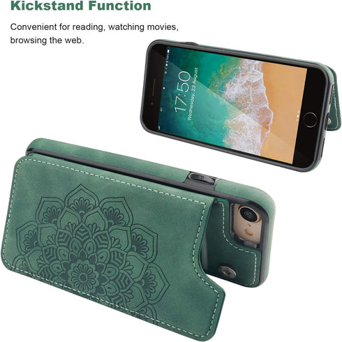 Vaburs Wallet Case for iPhone SE(2022)/SE(2020)/8/7, Embossed Mandala Pattern Flower, Green