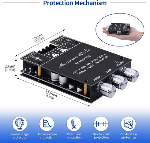 2.0 5.0 200W 12-24V 2.0 Channel Bluetooth Amplifier Board HiFi Subwoofer Audio AMP with Treble and Bass, BT USB and AUX