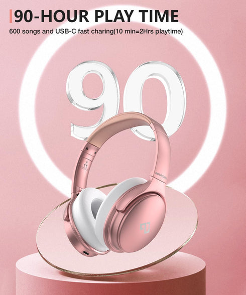 Headset, 90H Gift-H1 INFURTURE Pink Headphones Over Ear Headphones Active Noise Cancelling Bluetooth Headphones, Deep