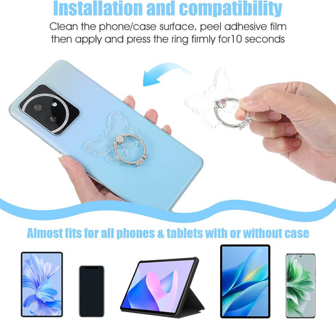 WJIAAA 4Pcs 3 360 Transparent Butterfly Phone Ring Holder Grip, Clear Cell Phone Ring Holder Stand with Diamonds