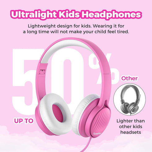 Shop upgraded Pink Kids Headphones: Wired, foldable, 85dB volume limit, stereo sound for school, travel, and tablets.