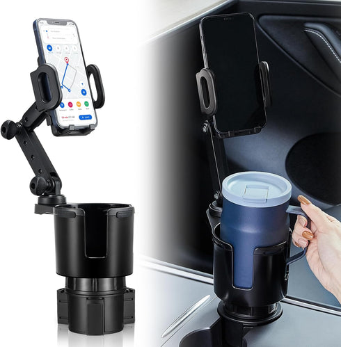 Car Cup Holder Expander with Phone Mount, 360° Rotation Cell Phone Holder for Car, Compatible with iPhone All