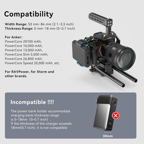SmallRig Aluminum Power Bank Holder, Powerbank Mount Clamp Compatible with Width Range: 53 mm–84 mm and Thickness