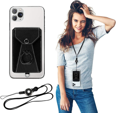 Cell Phone Card Holder, Adhesive Stick-on Credit Card Wallet Pocket with Detachable Neck Strap - Black