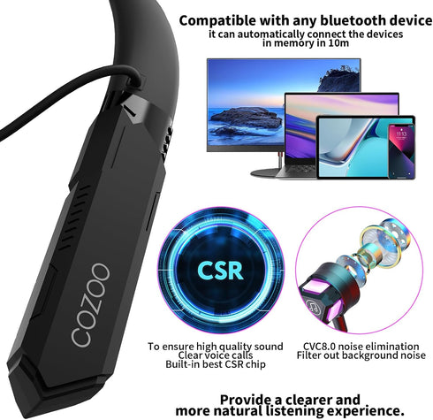 cozoo Bluetooth Headphones Neckband, 30H Playtime Wireless Earbuds with Mic, IPX5 Sweatproof Deep Bass Headset for