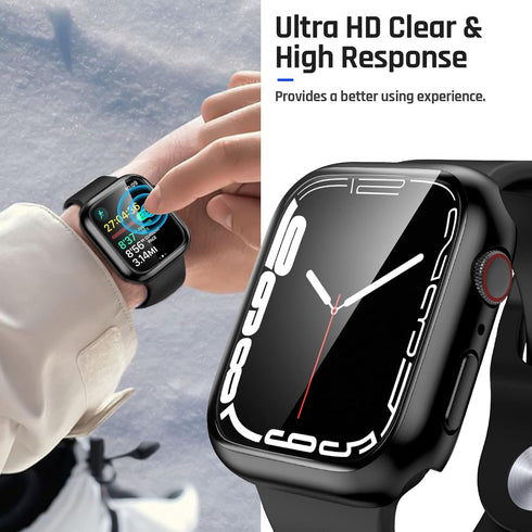 Goton Waterproof Case for Apple Watch 44mm SE (2nd Gen), Tempered Glass Face Cover, Black