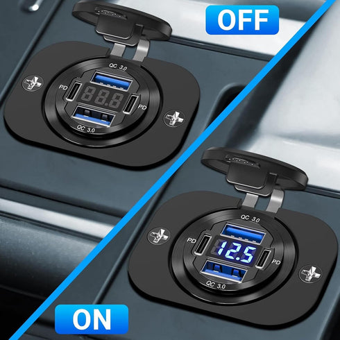 12V USB Outlet Car Charger Socket, 78W Dual 30W PD and Dual 18W QC3.0 with Voltmeter Switch, Aluminum Power Outlet