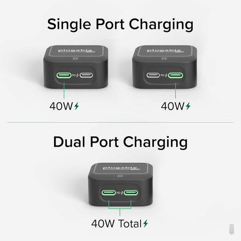 Plugable Dual USB C Wall Charger, 40W Foldable 2-Port Flat USB C Fast Charger Block, USB-C Power Adapter for iPhone 15,