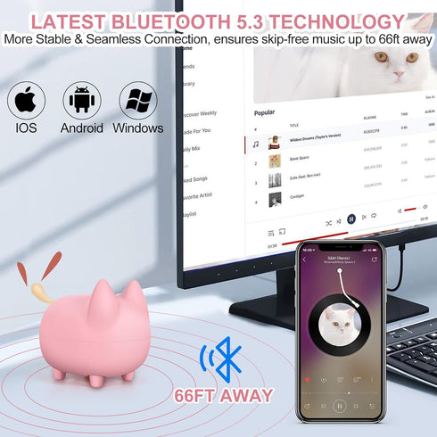 Cute Bluetooth Speaker, Mini Cat Portable Wireless Speaker with Loud Stereo Sound, Built-in Mic, 40H Playtime