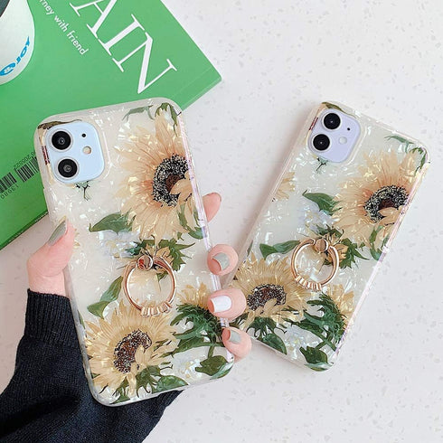 Qokey Flower Design Clear Case for iPhone 11 Pro Max, 6.5 inch, with 360 Degree Rotating Ring Kickstand