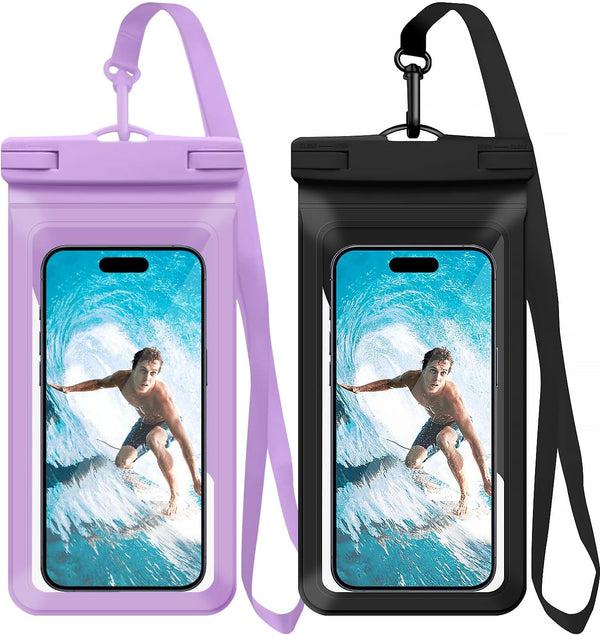 Universal Waterproof Phone Case with Inside Card Pack, Beach Bag for iPhone 15 14 13 Pro Max up to 8.3 , 2 Pack-Black &