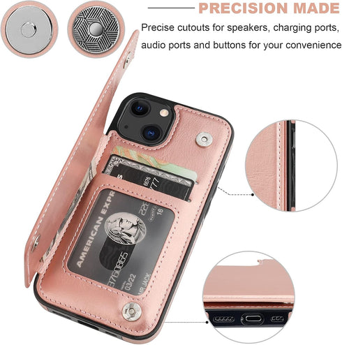 OT ONETOP 13 6.1 Inch(Rose ONETOP Compatible with iPhone Wallet Case with Card Holder, PU Leather Kickstand Card Slots