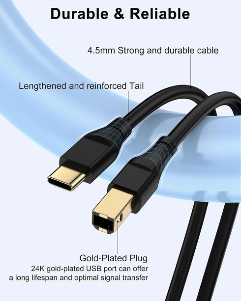 20ft, 10Foot Printer Cable Scanner USB C to USB B Cable for Epson, HP, Canon, Midi, Ethernet Print