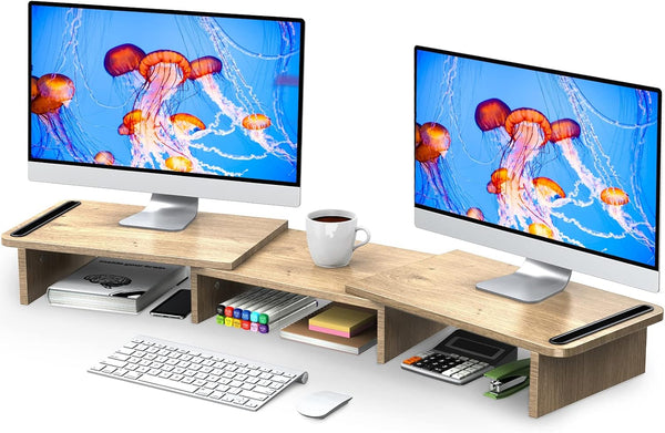 Zimilar Large Oak Dual Monitor Stand Riser with Adjustable Length and Angle, Wood Monitor Stand for 2 Monitors with