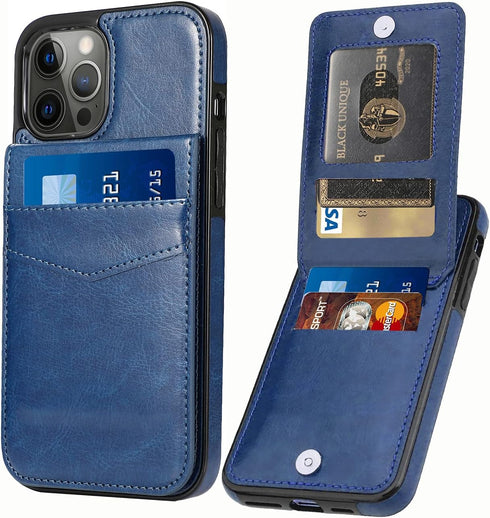 Leather Wallet Case for iPhone 12 - Wallet Case with Credit Card Holder, 6.1 Inch (Blue)