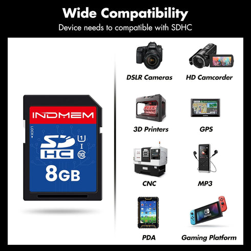 INDMEM 8GB SD Card 2 Pack, UHS-I U1 Class 10 SDHC Flash Memory Card for Digital Camera, Computer, Trail Cameras