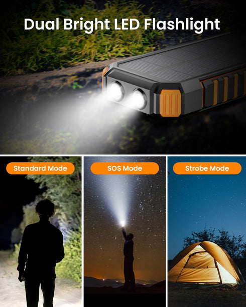 Hiluckey Power Bank Solar Charger, 27000mAh with Built-in 3 Cables, Five Outputs, 15W Fast Charging Power Bank for All