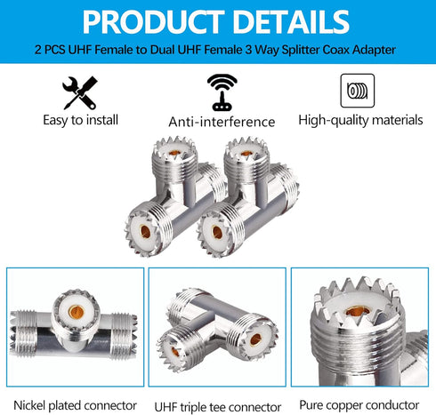 UHF Triple Tee Connector UHF Female to Dual UHF Female 3 Way Splitter Coax Adapter PL259 SO239 T Shape Adapter for Ham Radio CB Antenna 2 Pack