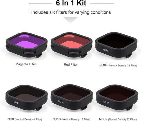 GEPULY 6-Pack Set 13 ND8, ND16, ND32, ND64, ND Filter Lens for GoPro Hero Black, Light Red, Magenta Filters, Snorkel
