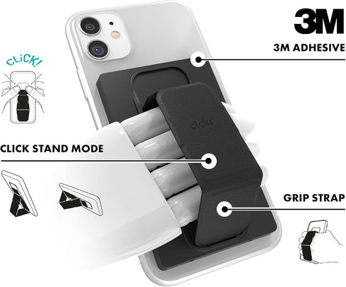 CLCKR Universal Grip Stand and Phone Wallet, Adhesive 3 Card Holder with Finger Grip, Portrait and Landscape Stand Function, Compatible with iPhone, Samsung, Huawei and More, Black