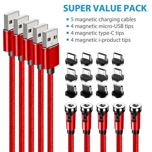 Terasako 5-Pack Magnetic Charging Cable (3/3/6/6/10FT) - 540° Rotating, LED Light, 90° Angle, Nylon-Braided (Red)