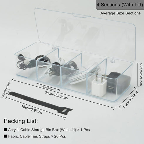 Electronics Organizer Clear Acrylic Cable Storage Bin Box, 4 Sections with 20 PCS Reusable Fastening Ties