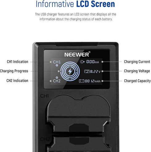 NEEWER NP-W235 Camera Battery Charger Set, Dual Slot USB Charger with LCD, 2 Pack 2400mAh Batteries for Fujifilm