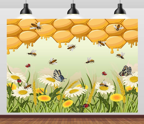 CORFOTO 10x8ft Fabric Honeycomb Bee Backdrop Golden Honeycomb Daisies Butterflies Insects Nature Scene Photography