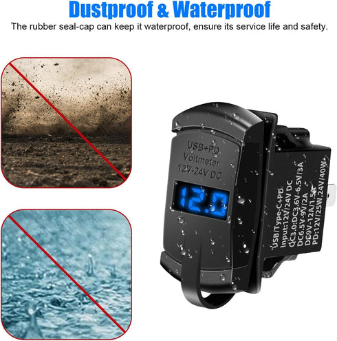 USB Rocker Switch Outlet, Linkstyle QC 3.0 USB-A Port with Blue LED Display, Waterproof 12V 24V Rocker Switch