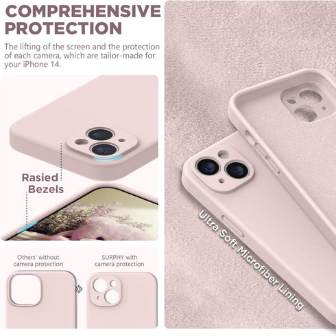 SURPHY iPhone 14 Case with Screen Protector, Liquid Silicone 6.1 inch (2022), Pink Sand, Camera Protection + Soft