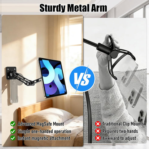 JUBOR 360 4.7-13" Magnetic Tablet Wall Mount, Rotating Alloy Steel Stand with MagSafe & Metal Ring, Foldable Arm