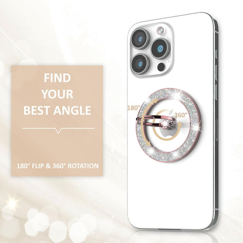 Magnetic Phone Ring Holder for MagSafe, Grip for iPhone Compatible with MagSafe Wireless Charging (Glitter Rose Gold)