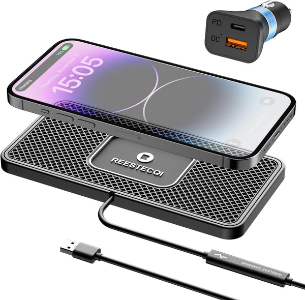 REESTECQI 15W Wireless Car Charger Pad, Non-Slip Phone Charger for iPhone 15/14/13/12/11, Samsung S23/S22/S21 [40W Car