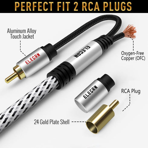 Elecan 100 Ft Premium RCA Cable (Hi-Fi Sound-16 AWG-Shielded) 2 RCA Male to 2 RCA Male, Gold Plated-Aluminum Alloy Shell